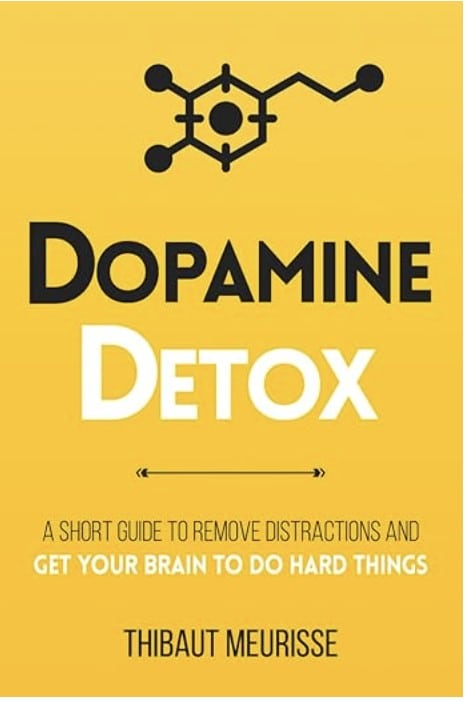 Gele boekomslag met de titel "Dopamine Detox" van Thibaut Meurisse, met een neuraal netwerkafbeelding boven de titel. Subtekst: "Een korte handleiding om afleidingen te verwijderen en je hersenen moeilijke dingen te laten doen.